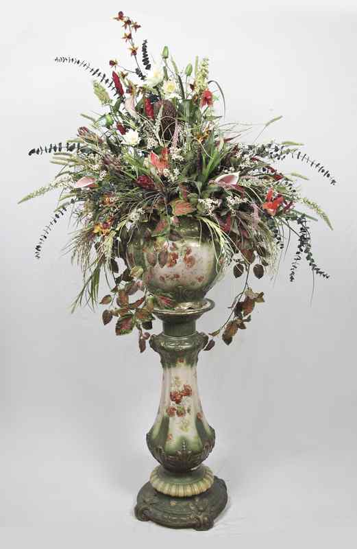 Appraisal: LARGE JARDINIERE AND STAND Double handle jardiniere with transfer floral