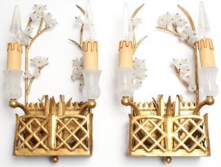 Appraisal: Pair of Italian Gilt Metal Frosted Glass Sconces Glass flowers