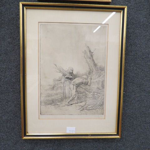 Appraisal: Alphonse Legros etching couplke gatheringfirewood pencil signed well listed artist