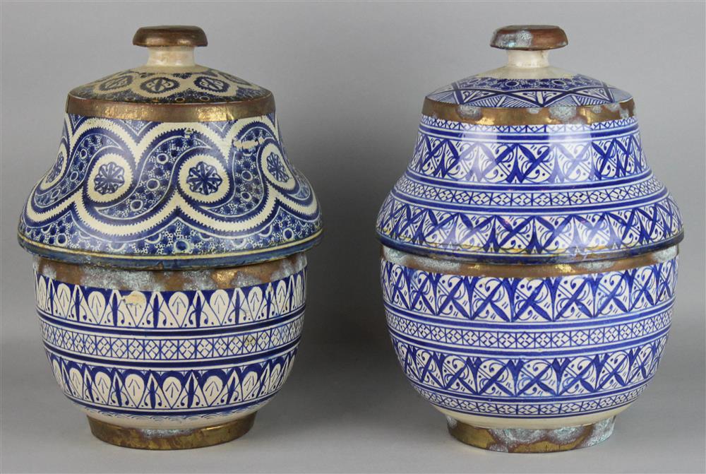 Appraisal: TWO SIMILAR MOROCCAN-STYLE COVERED URNS From Fez