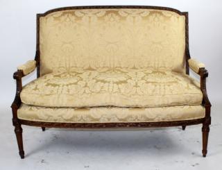 Appraisal: Louis XVI upholstered settee Louis XVI gold damask upholstered settee