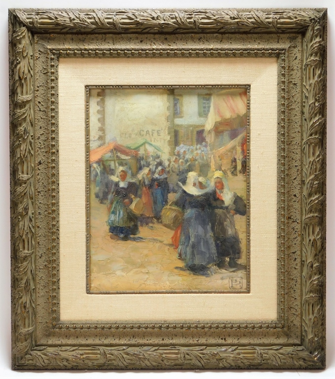 Appraisal: C FRENCH IMPRESSIONIST MARKET PAINTING France th CenturyDepicts a street