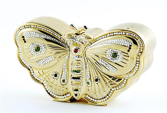 Appraisal: Judith Leiber Butterfly minaudiere crystal-studded goldtone character-form purse concealed chain