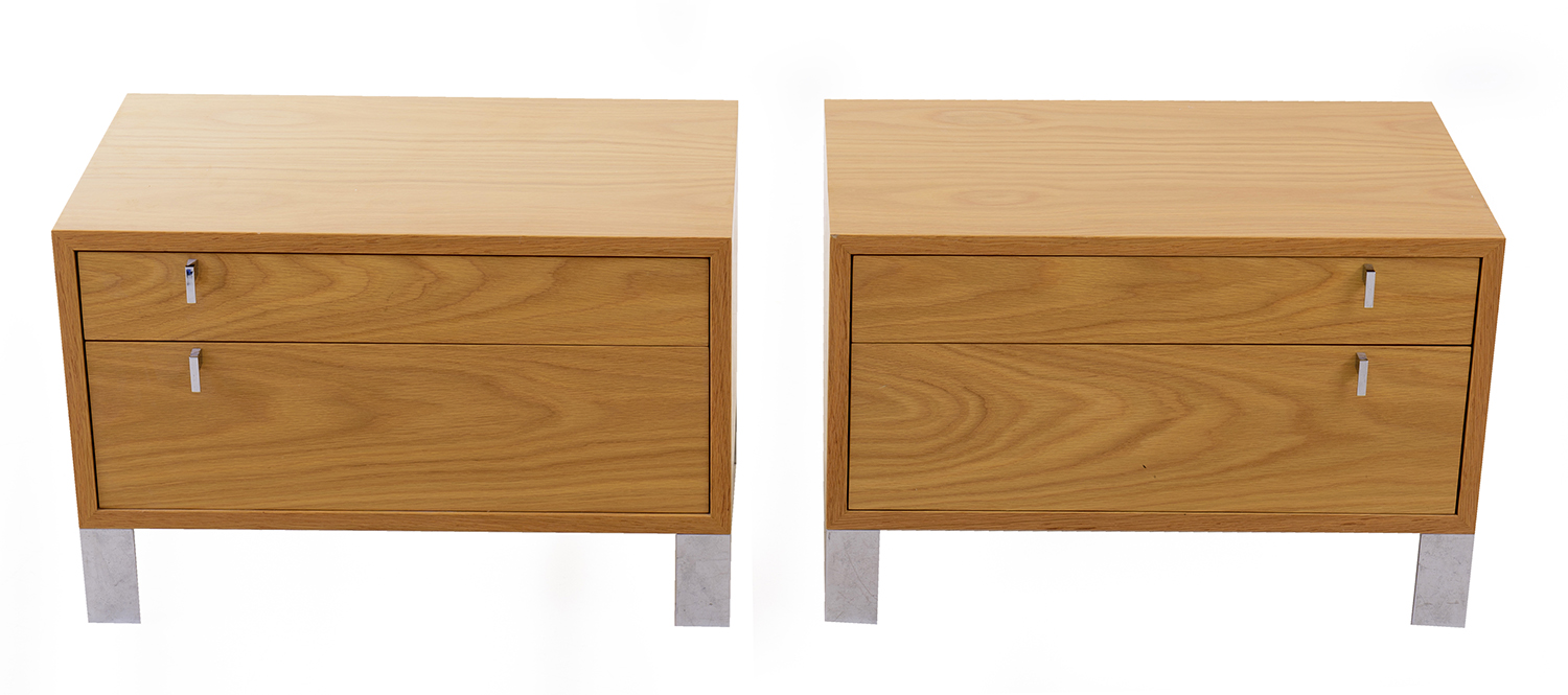 Appraisal: ZUSTER PAIR OF BEDSIDE CABINETS Oak venner with polished metal