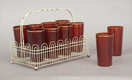 Appraisal: Ten Gilt-Rim Ruby Drinking Glasses in Enameled Basket with Handle