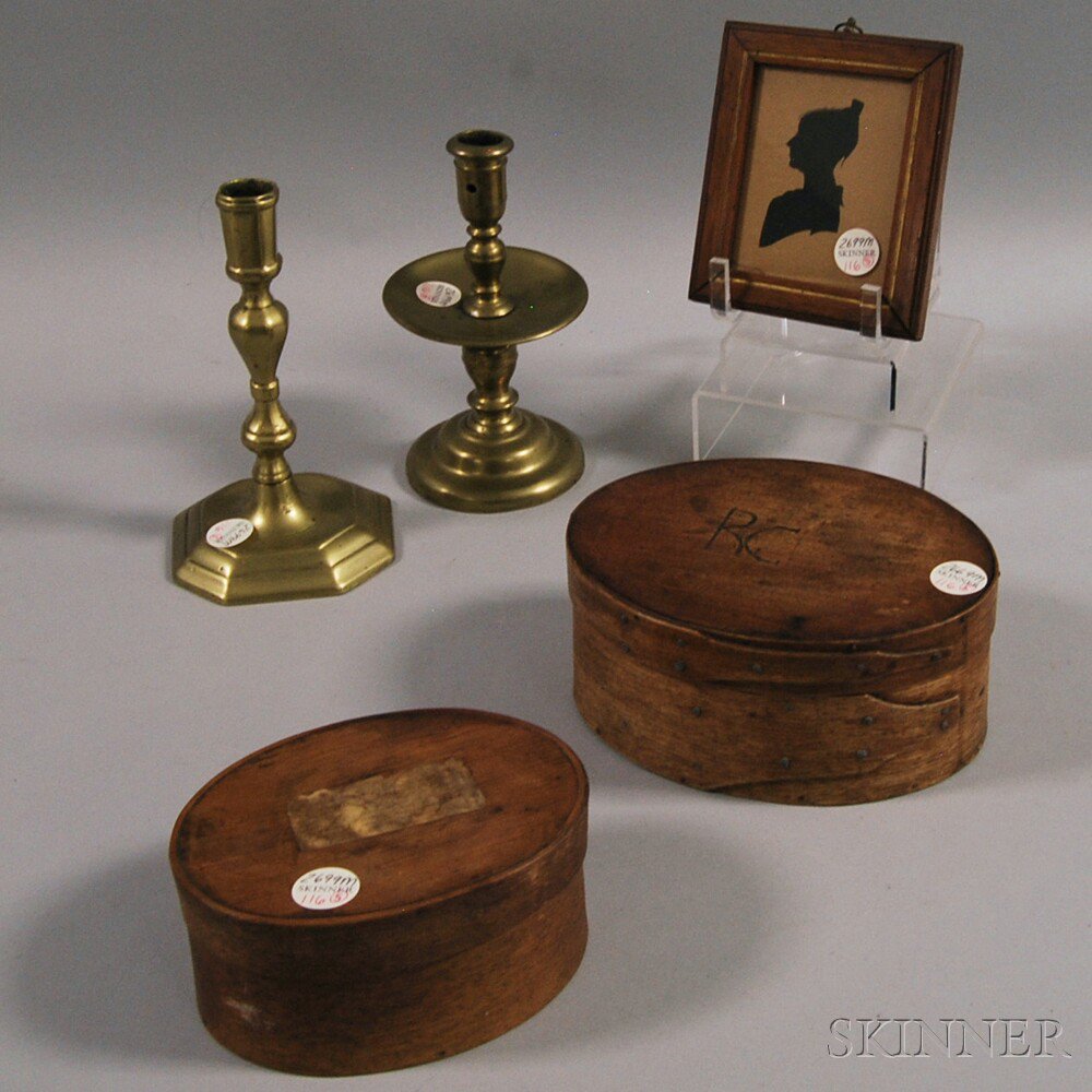 Appraisal: Two Small Covered Oval Boxes Two Brass Candlesticks and a