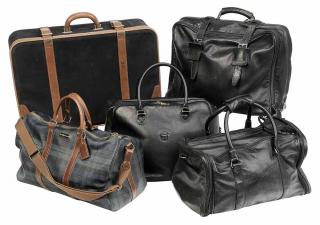 Appraisal: Five Black Leather and Cloth Suitcases and Travel Bags Continental