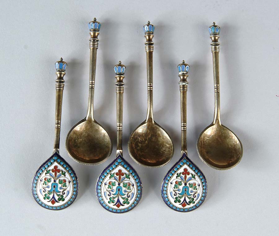 Appraisal: SIX RUSSIAN ENAMEL SPOONS Six enamel spoons feature beautiful enameling