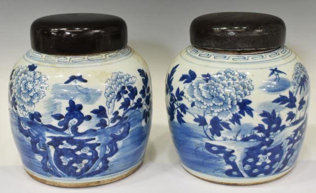 Appraisal: pair Chinese blue and white porcelain jars both having wooden