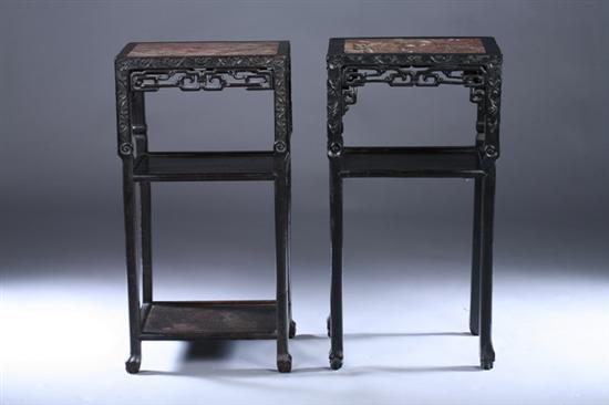 Appraisal: PAIR CHINESE CARVED WOOD MARBLE INSET SIDE TABLES Of rectangular