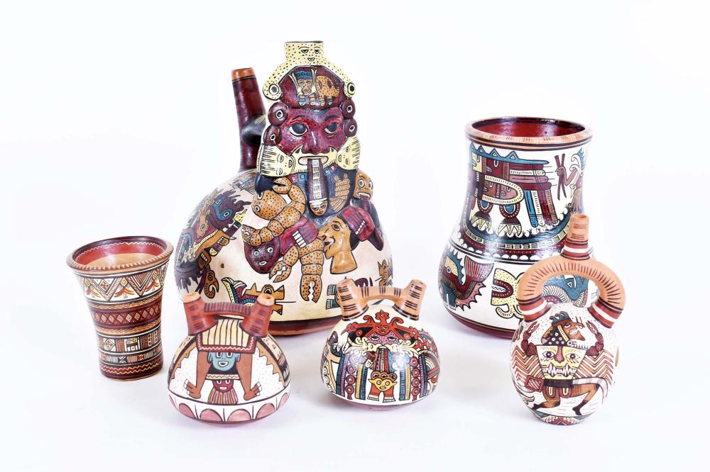 Appraisal: SIX ANTIONIO OLAVE PERUVIAN PAINTED POTTERY VESSELSModern Each signed some