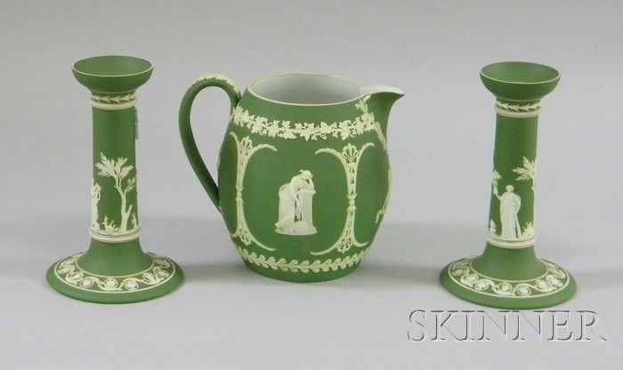 Appraisal: Wedgwood Olive Green Jasper Dip Jug and a Pair of