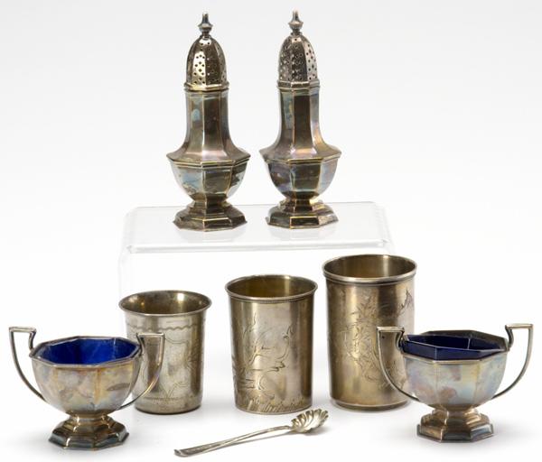 Appraisal: RUSSIAN AND GERMAN SILVER Three Russian vodka cups and salt