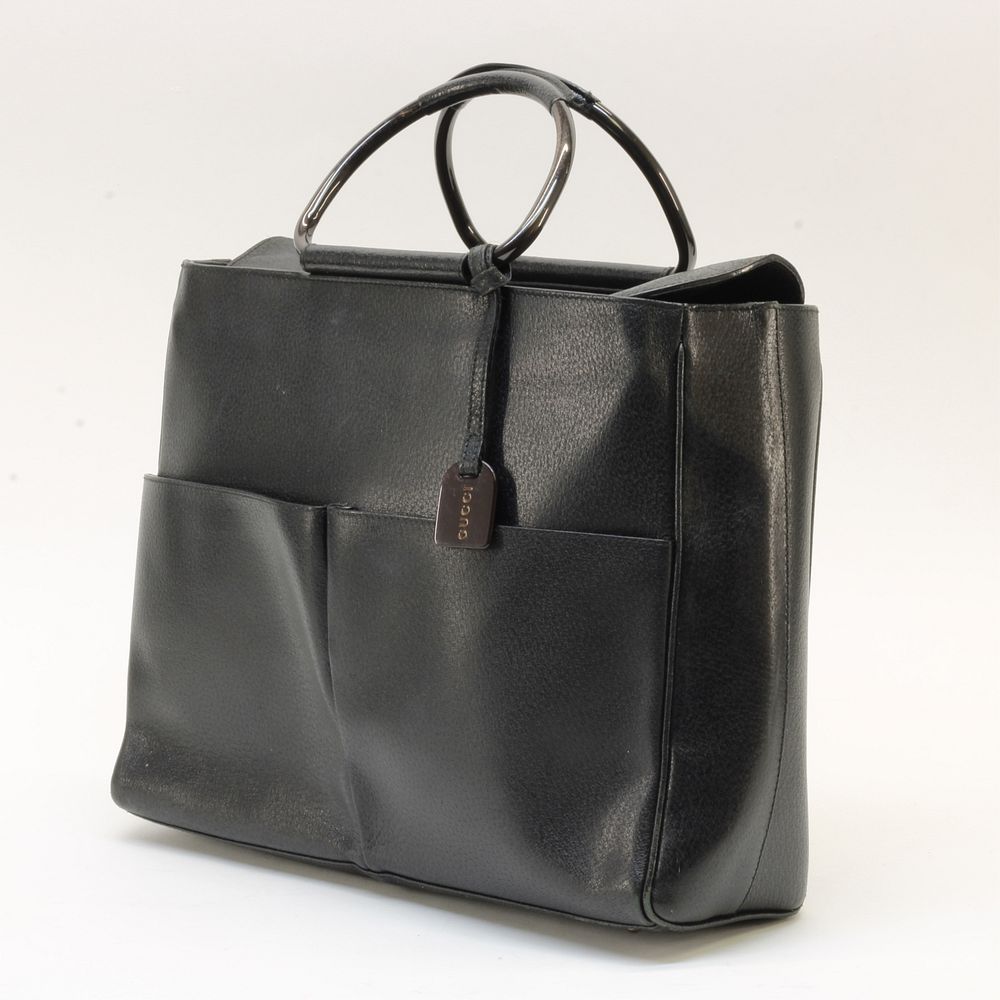 Appraisal: Gucci Metal Top Handle Tote A vintage black grained leather