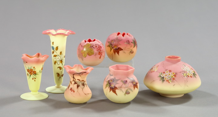 Appraisal: Group of Seven Burmese Glass Vases consisting of a floral-enameled