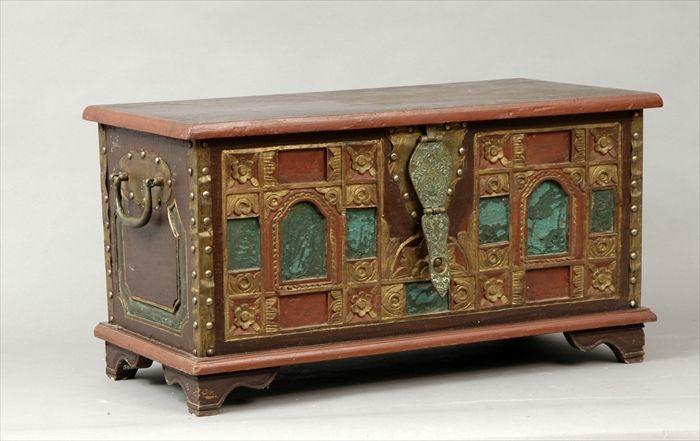 Appraisal: Indian Brass-Mounted Red Painted and Parcel-Gilt Carved Wood Chest x