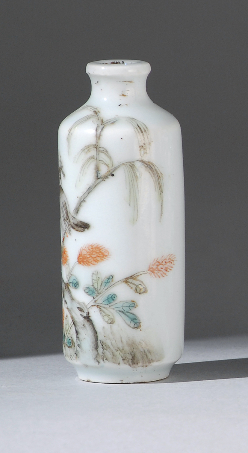 Appraisal: ENAMELED PORCELAIN SNUFF BOTTLE th CenturyIn cylinder form with mockingbird