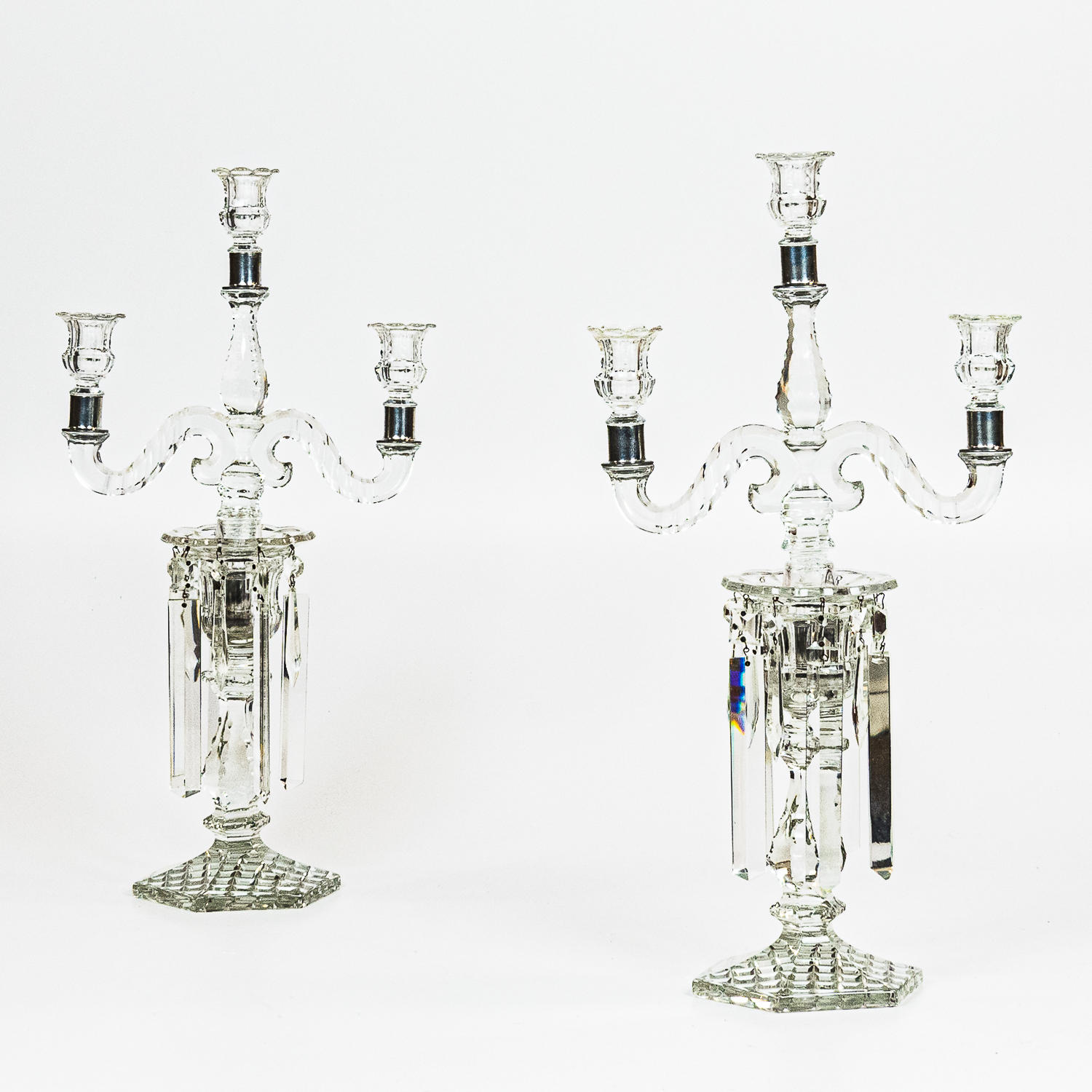 Appraisal: Pair Glass Three-light Candelabra with Prisms prisms in different size