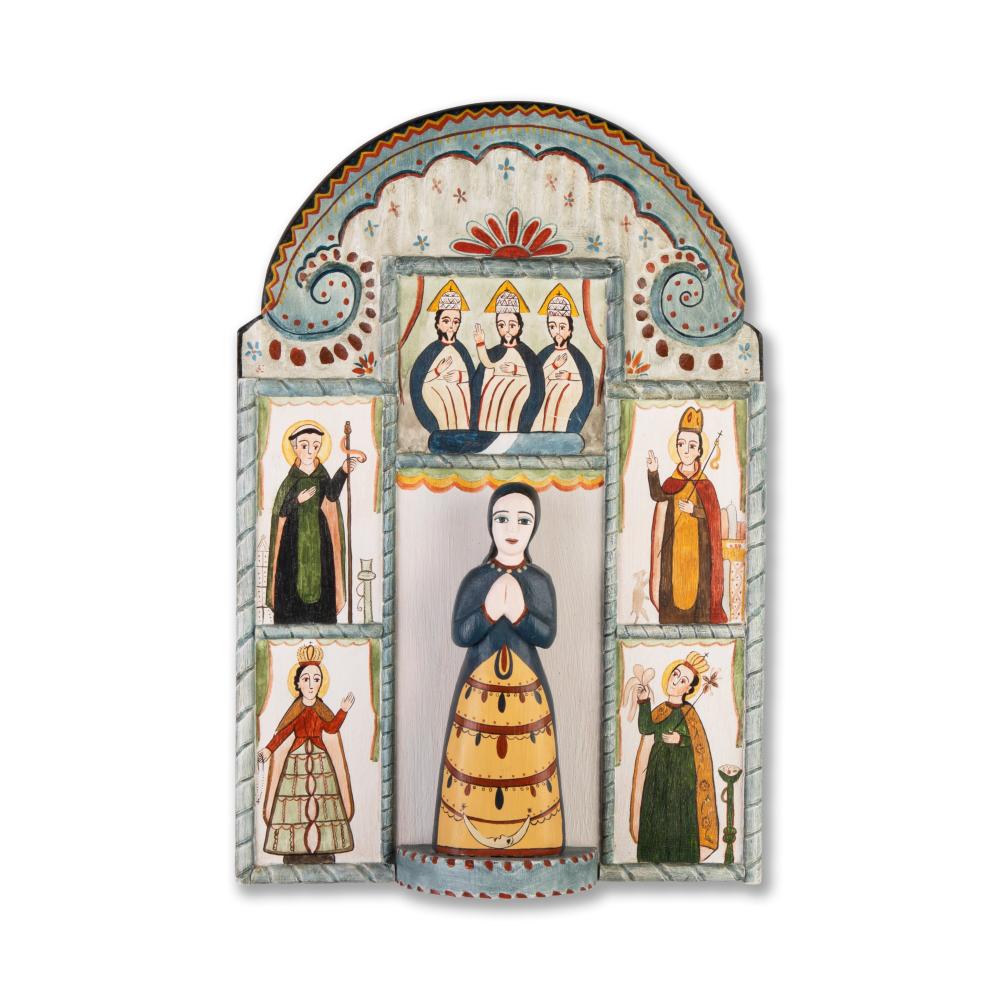 Appraisal: ANITA ROMERO JONES FIVE PANEL RETABLO WITH CARVED FIGUREAnita Romero