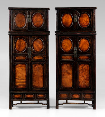 Appraisal: Pair Chinese compound cabinets mortise-and-tenon construction lacquered surfaces shaped veneer