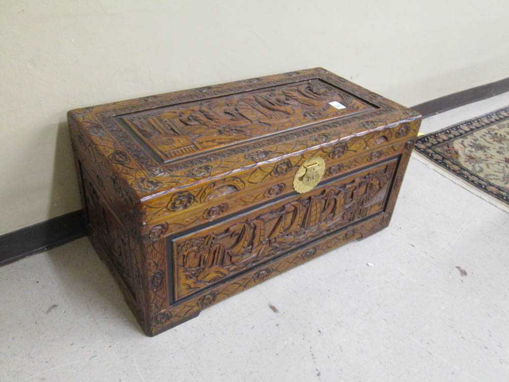 Appraisal: CARVED LIFT-TOP BLANKET CHEST Chinese export late th century H