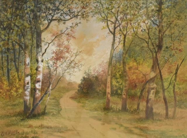 Appraisal: Framed watercolor and gouache painting on board Birch-lined Path signed