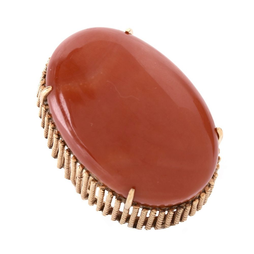 Appraisal: Red Coral and K Ring Large Oval Cabochon Red Coral