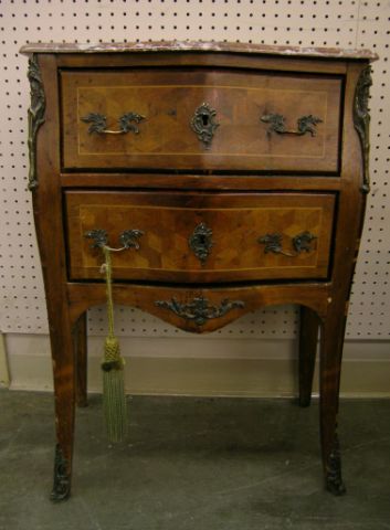 Appraisal: Pair of French two-drawer commodes with parquetry inlay serpentine fronts