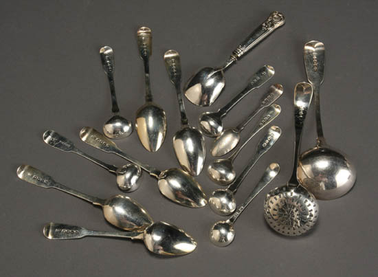 Appraisal: Group of Fifteen English Silver Flat Table Articles Predominantly Fiddle