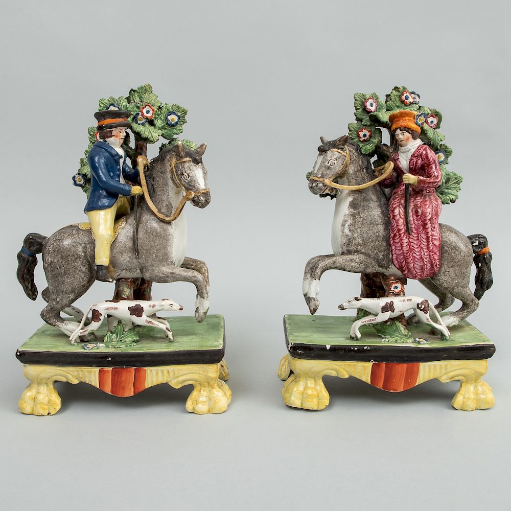 Appraisal: Pair of Staffordshire Pearlware Equestrian Bocage Groups of a Huntsman