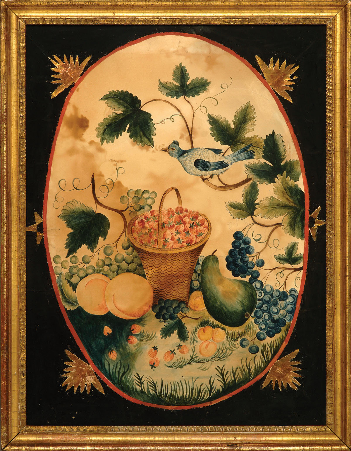 Appraisal: TWO THEOREM PAINTINGS OF FRUIT WITH BIRD PERCHED ON A