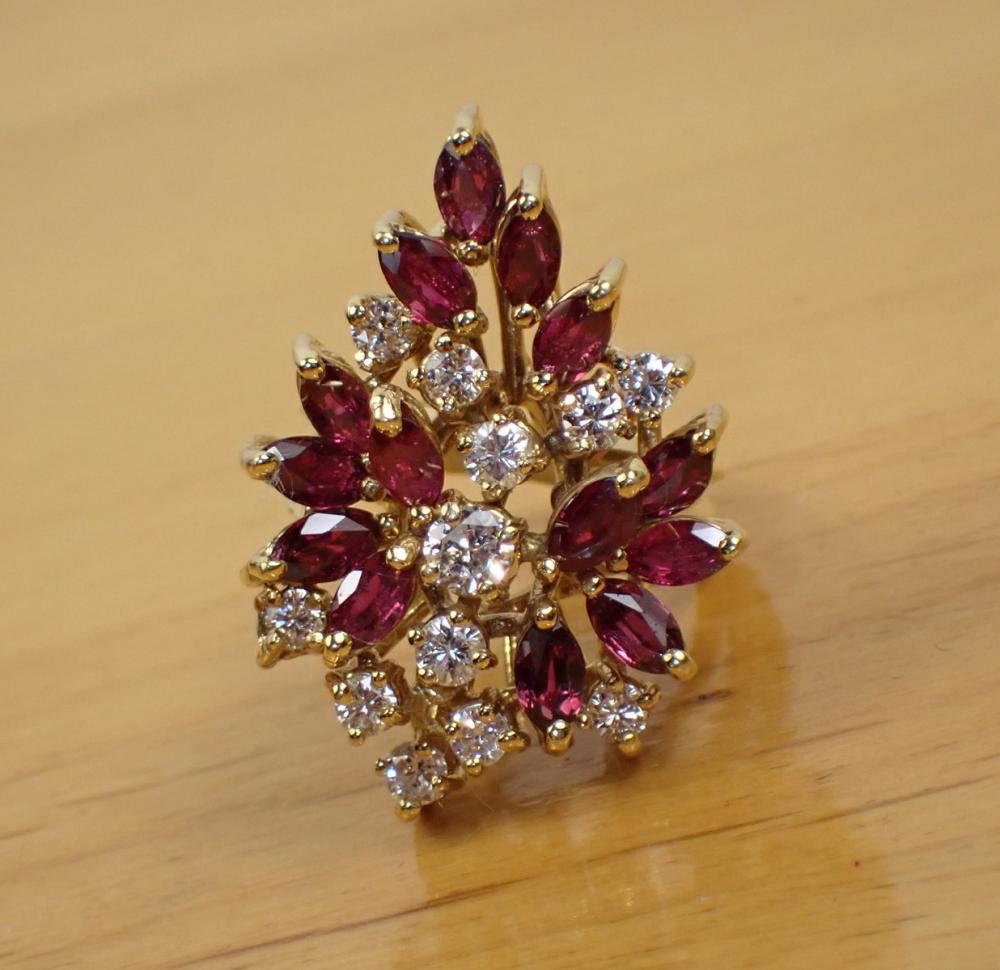 Appraisal: RUBY DIAMOND AND EIGHTEEN KARAT GOLD RING with a cluster