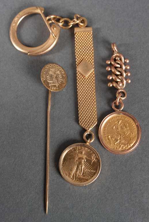 Appraisal: Group of gold coin jewelry including K yellow gold key