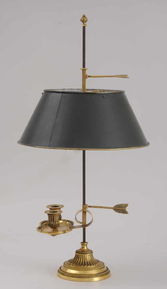 Appraisal: LOUIS XVI STYLE GILT-METAL TWO-LIGHT BOUILLOTTE LAMP The adjustable light