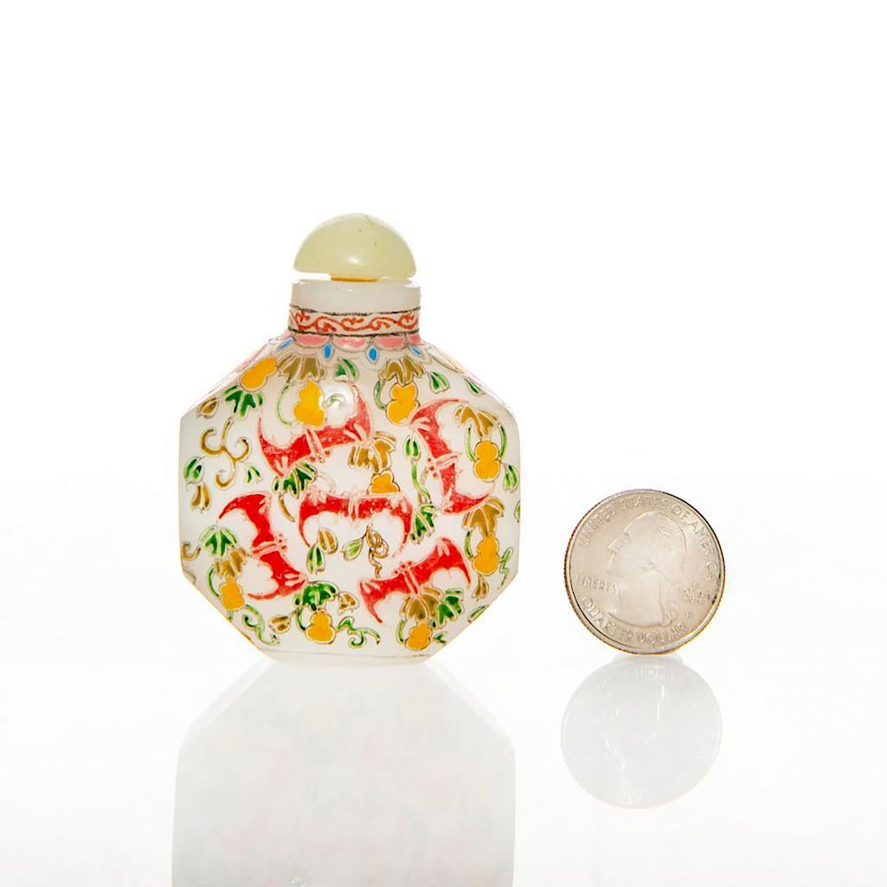 Appraisal: RARE SNUFF BOTTLE WITH HAND PAINTED BATS AND FLOWERS Artist