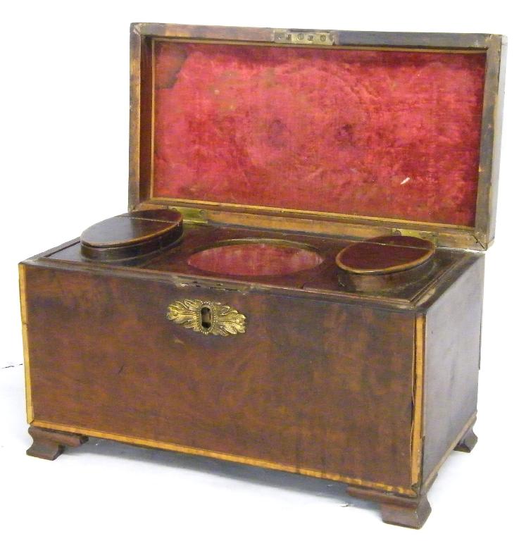 Appraisal: th century walnut and satinwood banded rectangular tea caddy the