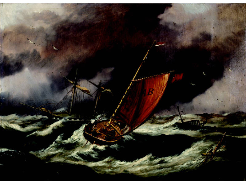 Appraisal: A W BRITISH TH CENTURY Shipwreck in stormy seas oil