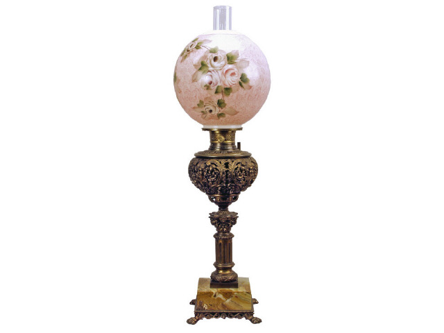 Appraisal: Ornate electrified brass parlor lamp on onyx base with painted