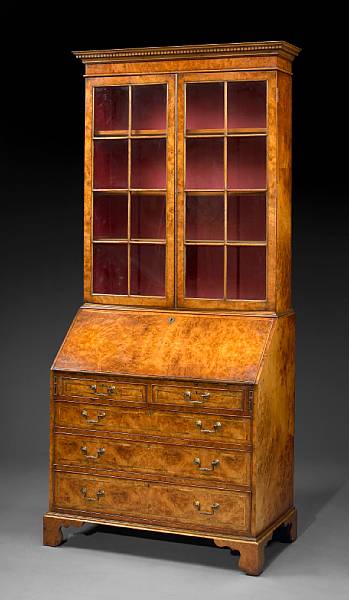 Appraisal: A George II style figured walnut secretary cabinet circa The