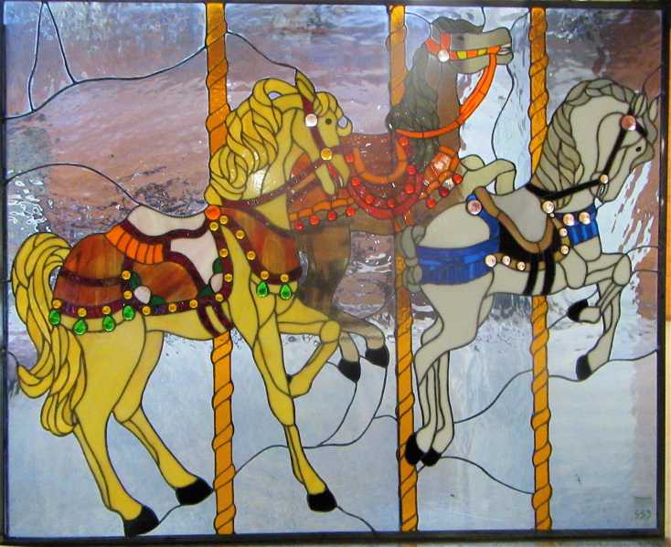 Appraisal: STAINED LEADED AND JEWELED GLASS WINDOW three carousel horses x