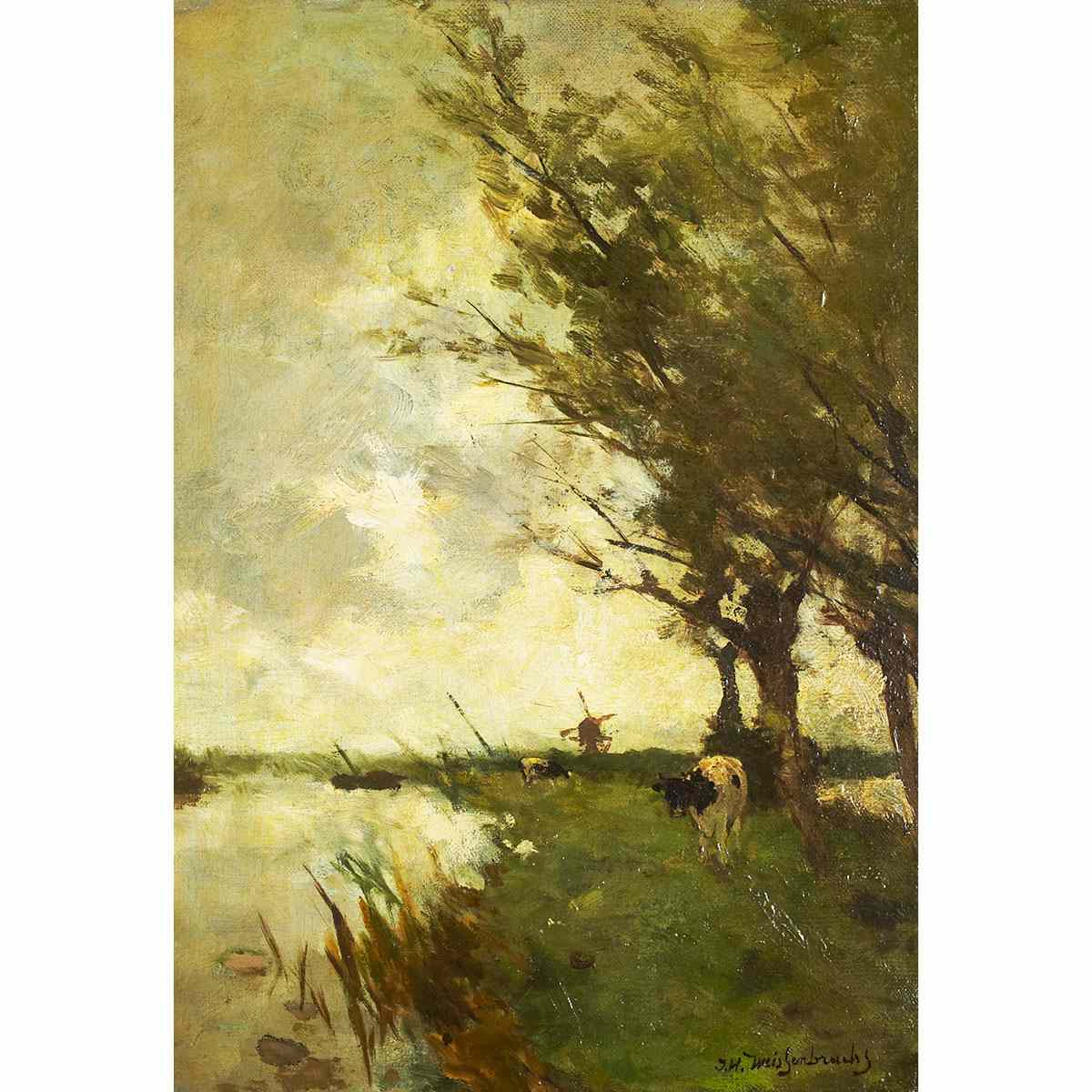 Appraisal: Jan Hendrik Weissenbruch - Dutch COWS BY A RIVER WITH