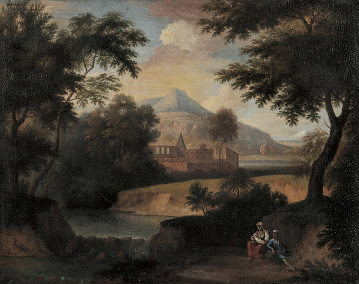 Appraisal: Continental School th Century Panorama with Peasant Family at Rest