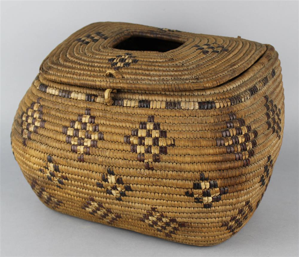 Appraisal: NATIVE AMERICAN IMBRICATED BASKETRY FISHING CREEL NORTHWEST HIDE HINGES -