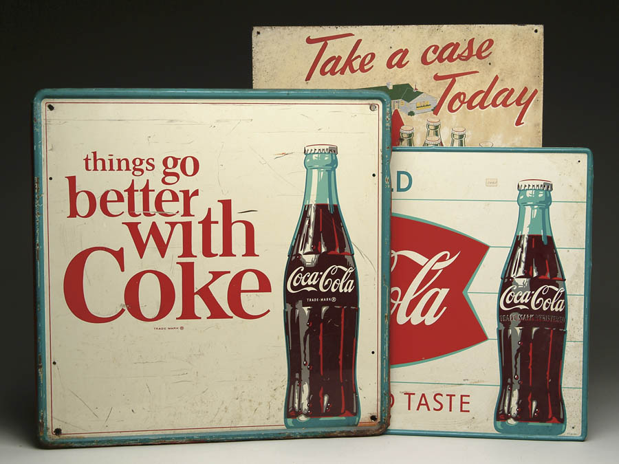 Appraisal: LOT OF THREE COCA-COLA TIN SIGNS Circa self-framed sign Things