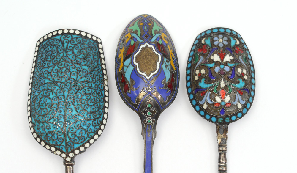 Appraisal: PIECE RUSSIAN ENAMELED SILVER SPOONS pieces total to include Samuel