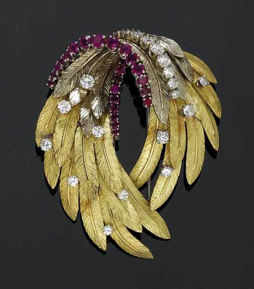 Appraisal: RUBY AND DIAMOND CLIP BROOCH G BELIN ca Yellow gold