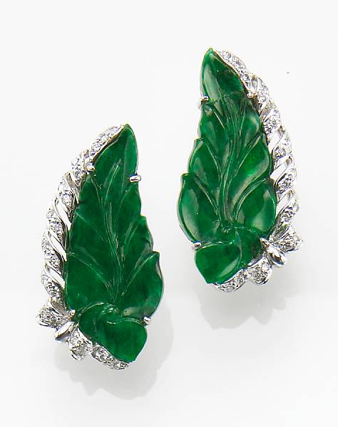 Appraisal: A pair of jadeite jade diamond and k white gold