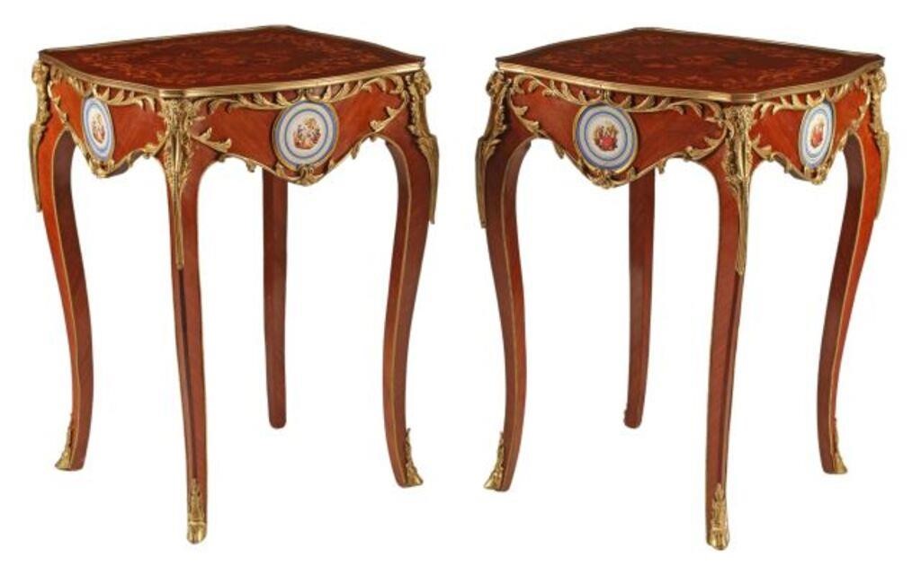 Appraisal: pair Louis XV style bronze dore and porcelain mounted tables