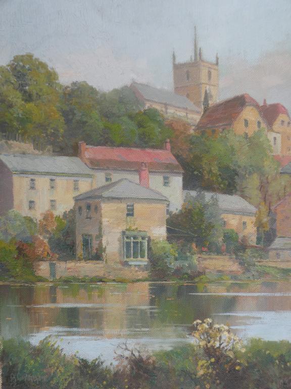 Appraisal: A Harltom Durham Cathedral river view oil on board signed