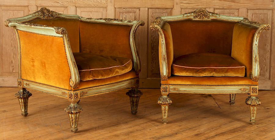 Appraisal: PAIR ITALIAN BAROQUE PAINTED GILT BERGERE CHAIRS A pair of